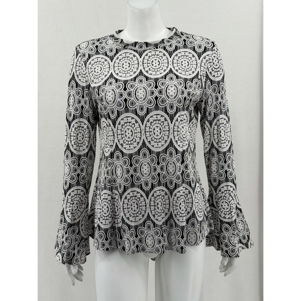 Joseph Ribkoff Top Womens 12 White Black Floral Bell Sleeve Tunic Textured Boho